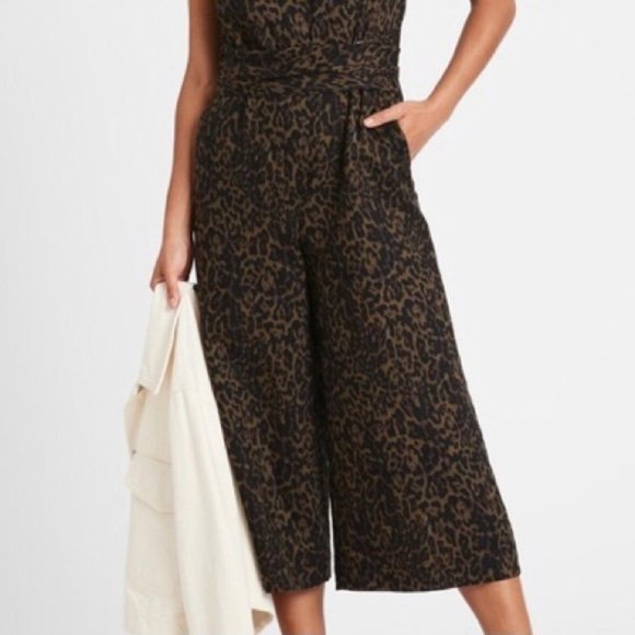 BR~new~Sleeveless Button Front Green Leopard Linen Cotton Wide Leg Jumpsuit sz 4 - Picture 2 of 14